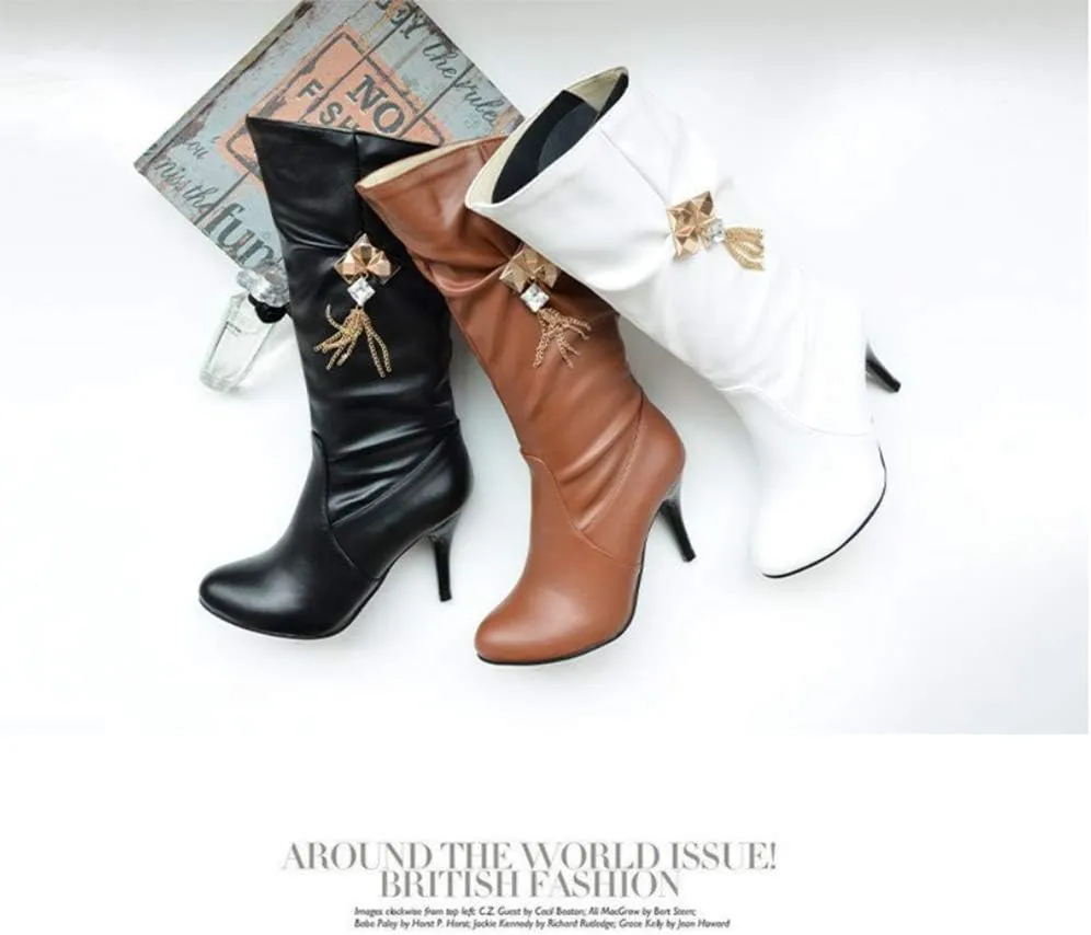 JITUUE Womens Mid Calf Slouched Heel Knee with pointed tips and drills High heeled boots Knight's style boots