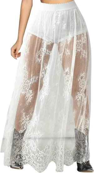 JOAU Womens Sheer Floral Lace Gothic Maxi Skirt Summer Beach Cover-ups Elastic High Waist Mesh Streetwear Long Y2K Skirts