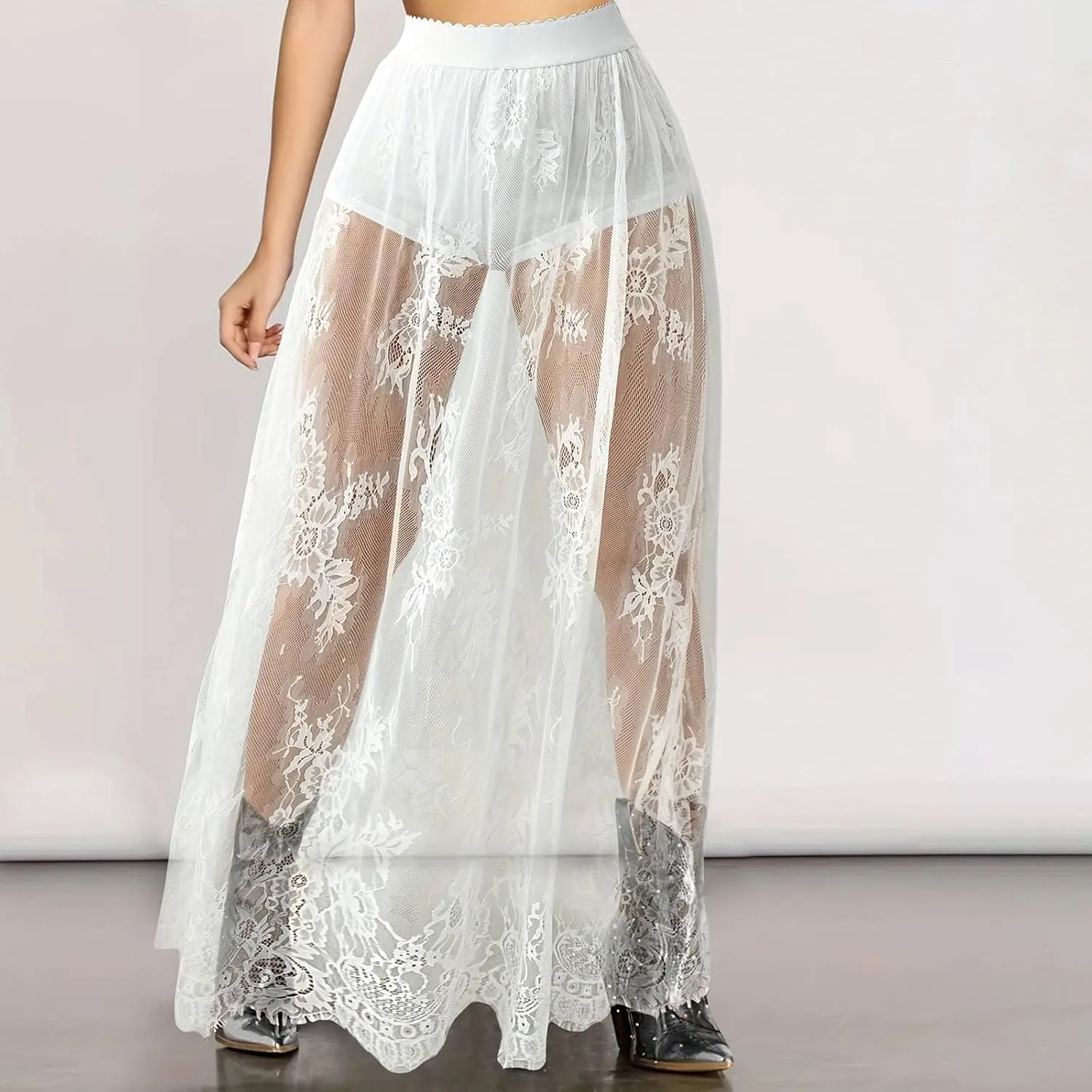 JOAU Womens Sheer Floral Lace Gothic Maxi Skirt Summer Beach Cover-ups Elastic High Waist Mesh Streetwear Long Y2K Skirts