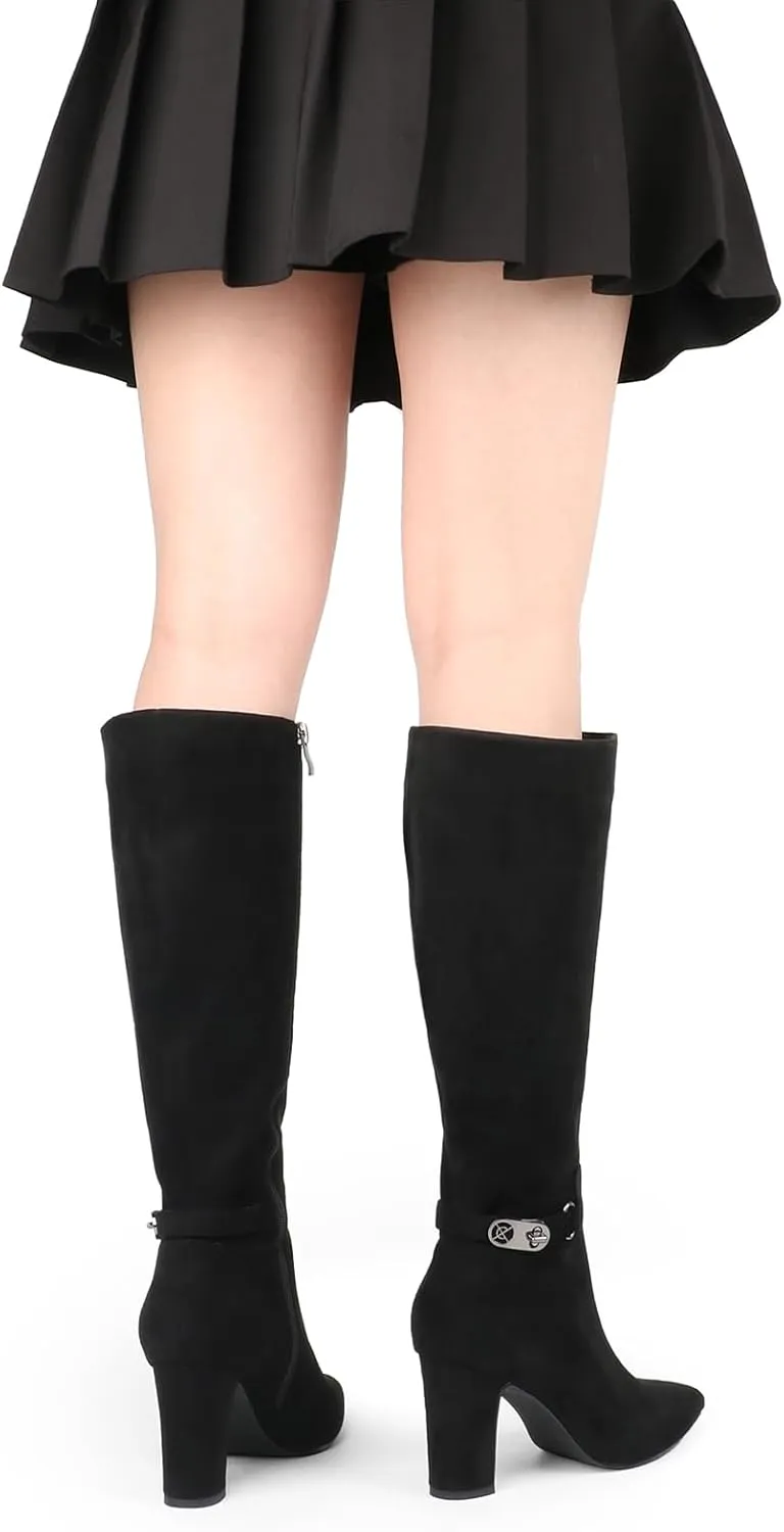 JOY IN LOVE Women's High Block Heel Wrinkled Slouchy Zipper Knee High Boots