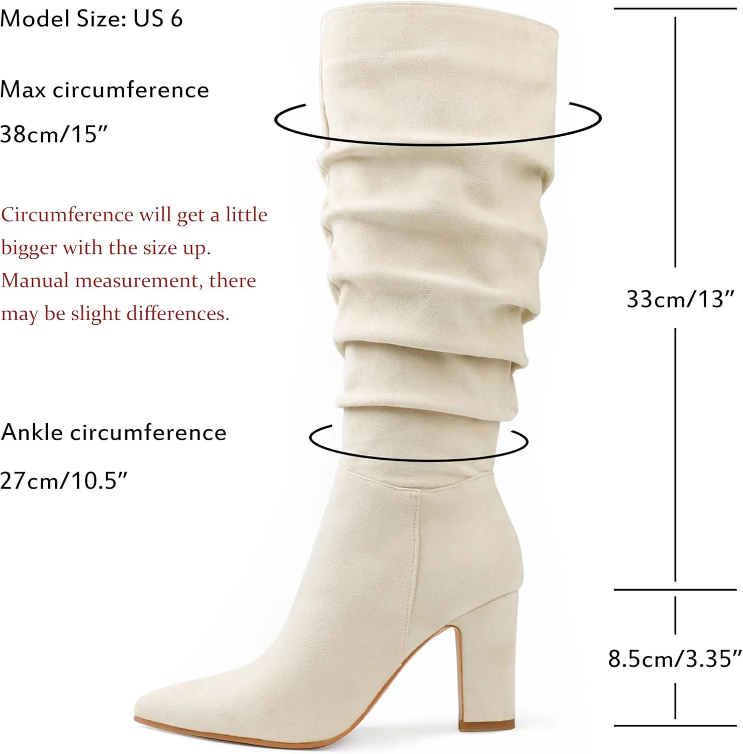 JOY IN LOVE Women's High Block Heel Wrinkled Slouchy Zipper Knee High Boots