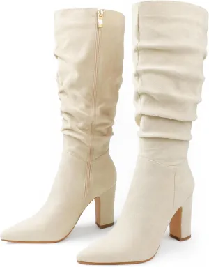 JOY IN LOVE Women's High Block Heel Wrinkled Slouchy Zipper Knee High Boots