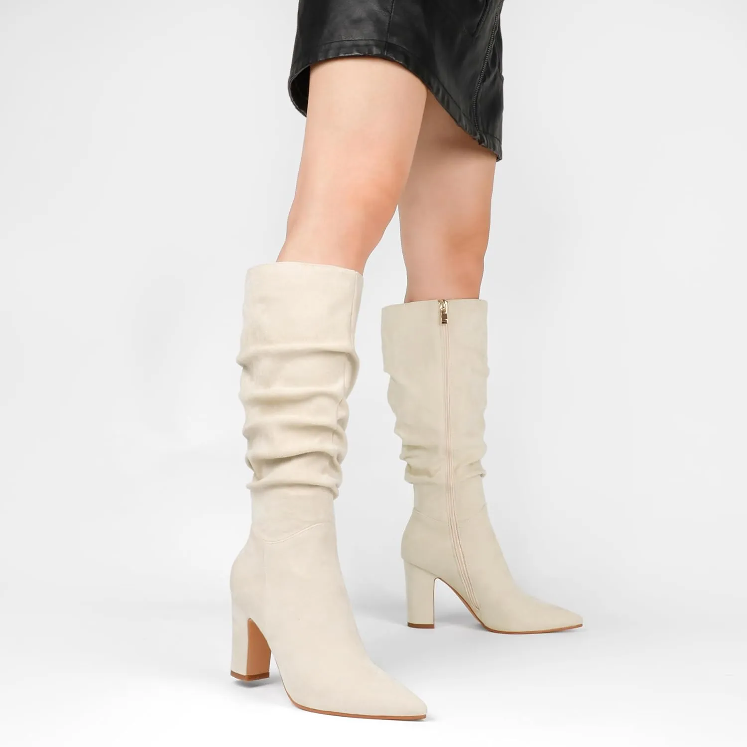 JOY IN LOVE Women's High Block Heel Wrinkled Slouchy Zipper Knee High Boots