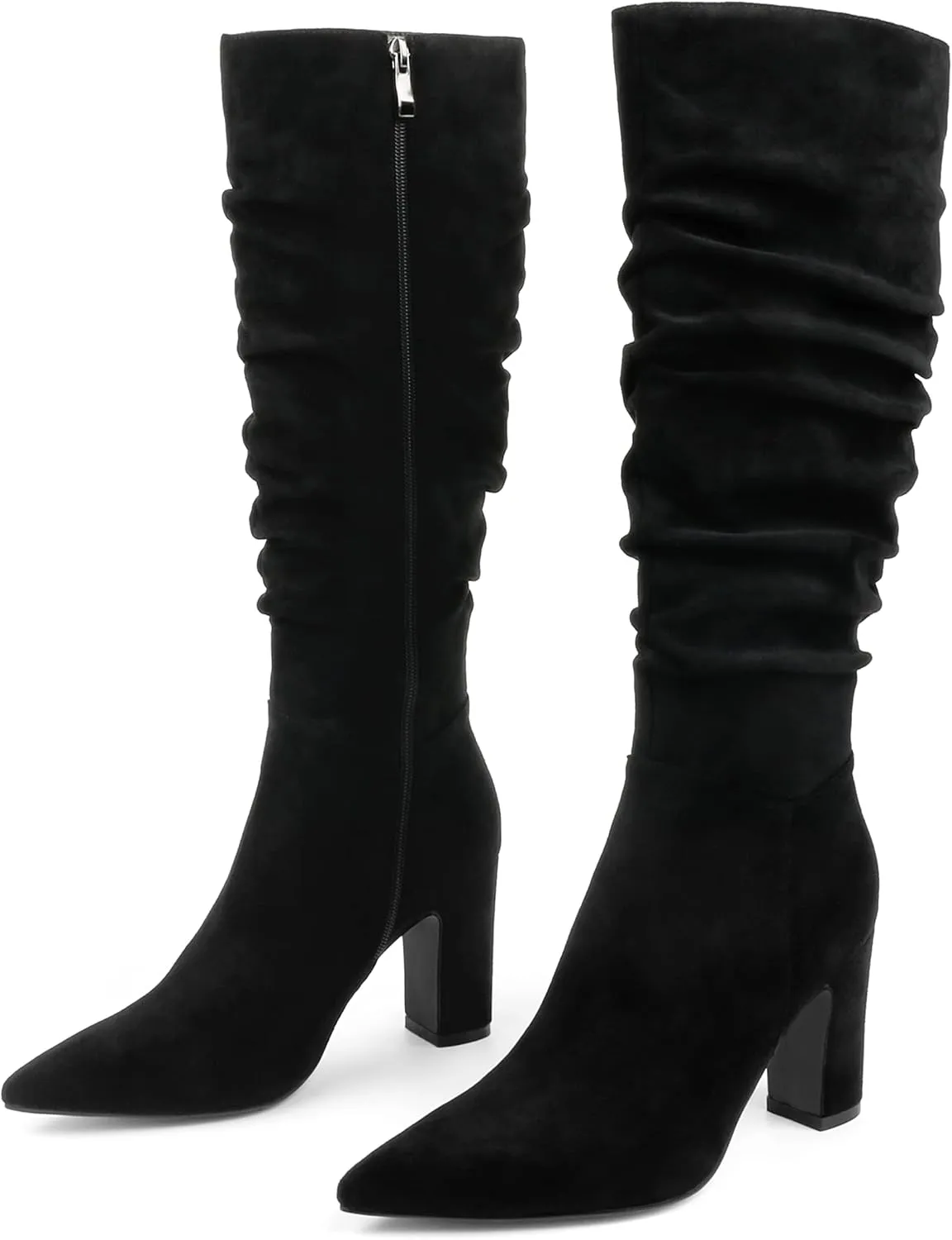 JOY IN LOVE Women's High Block Heel Wrinkled Slouchy Zipper Knee High Boots
