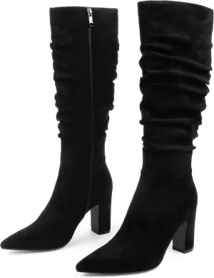 JOY IN LOVE Women's High Block Heel Wrinkled Slouchy Zipper Knee High Boots