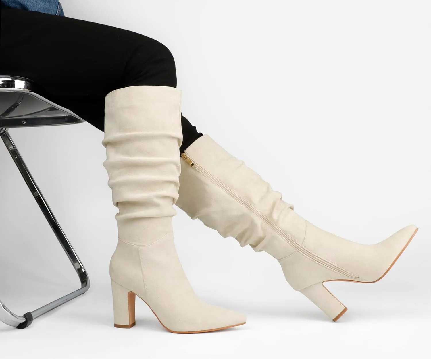 JOY IN LOVE Women's High Block Heel Wrinkled Slouchy Zipper Knee High Boots