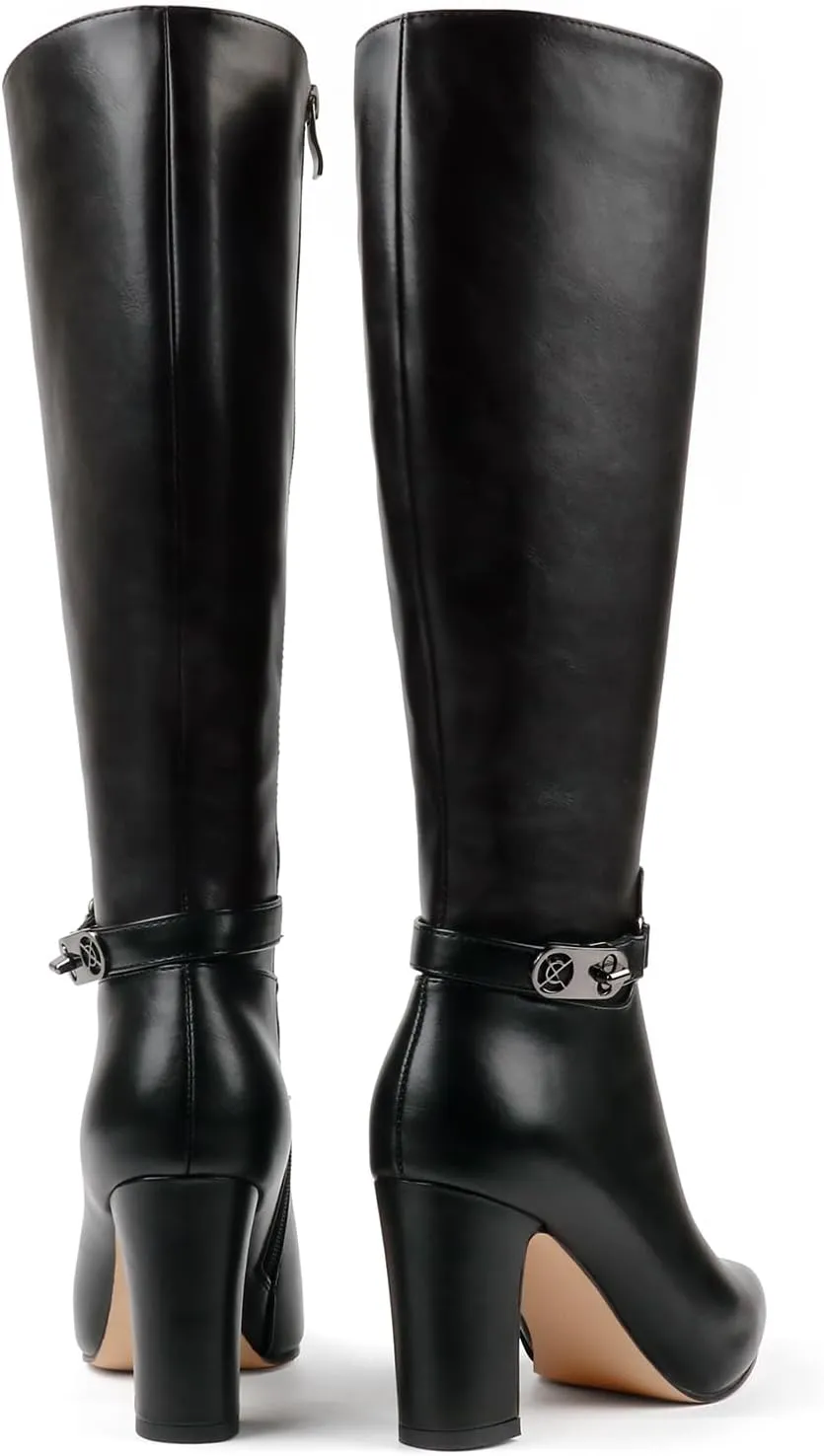 JOY IN LOVE Women's High Block Heel Wrinkled Slouchy Zipper Knee High Boots