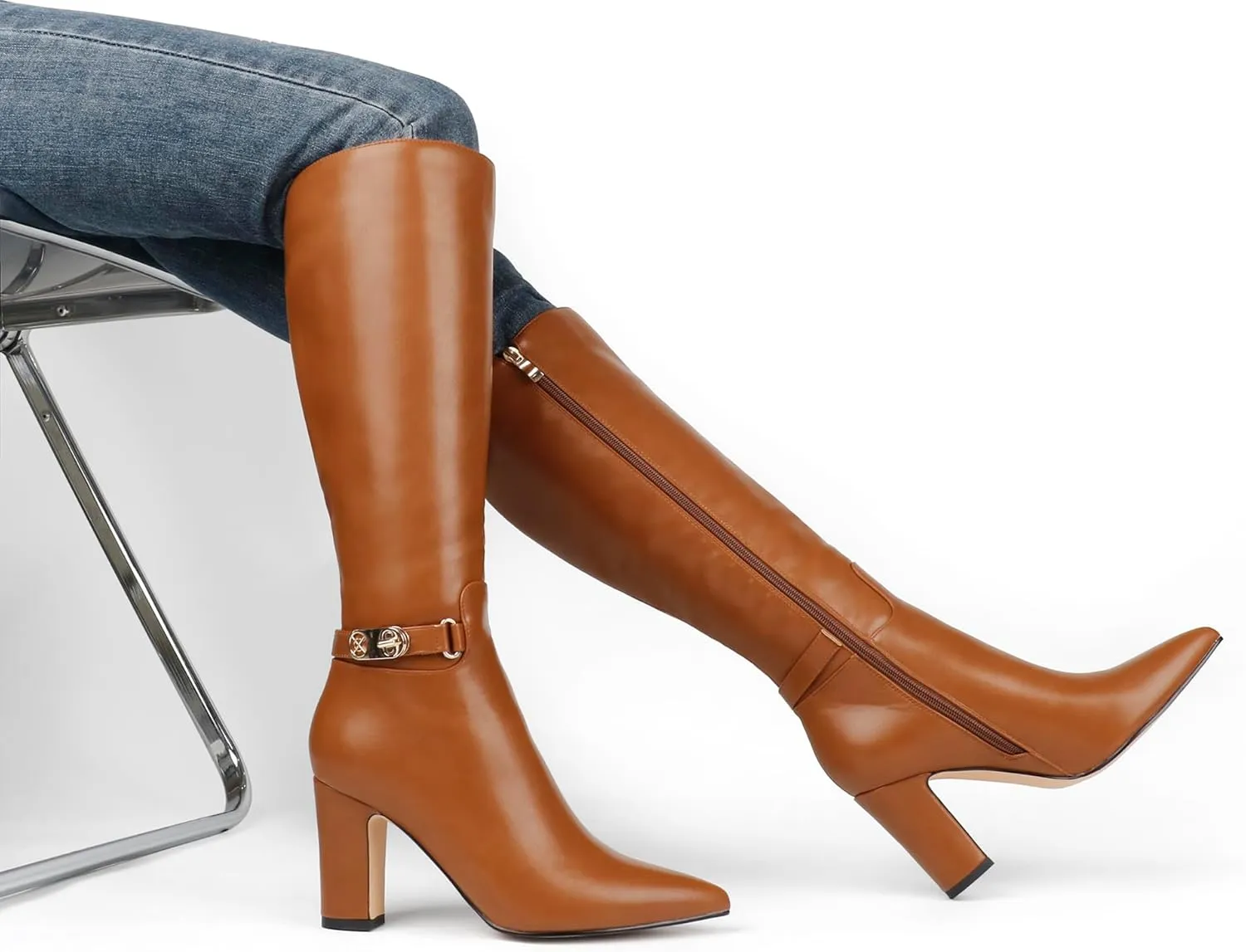 JOY IN LOVE Women's High Block Heel Wrinkled Slouchy Zipper Knee High Boots