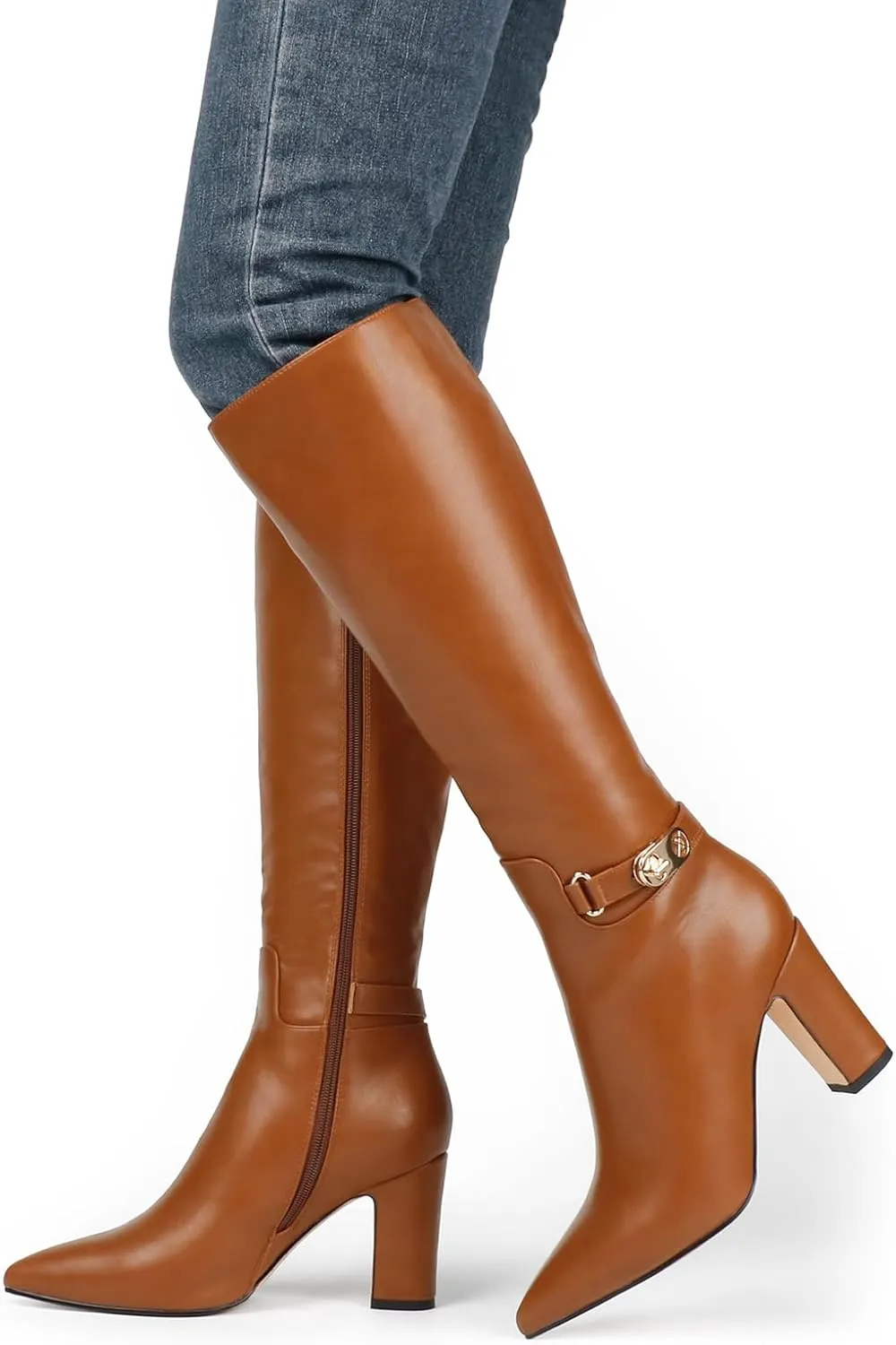 JOY IN LOVE Women's High Block Heel Wrinkled Slouchy Zipper Knee High Boots