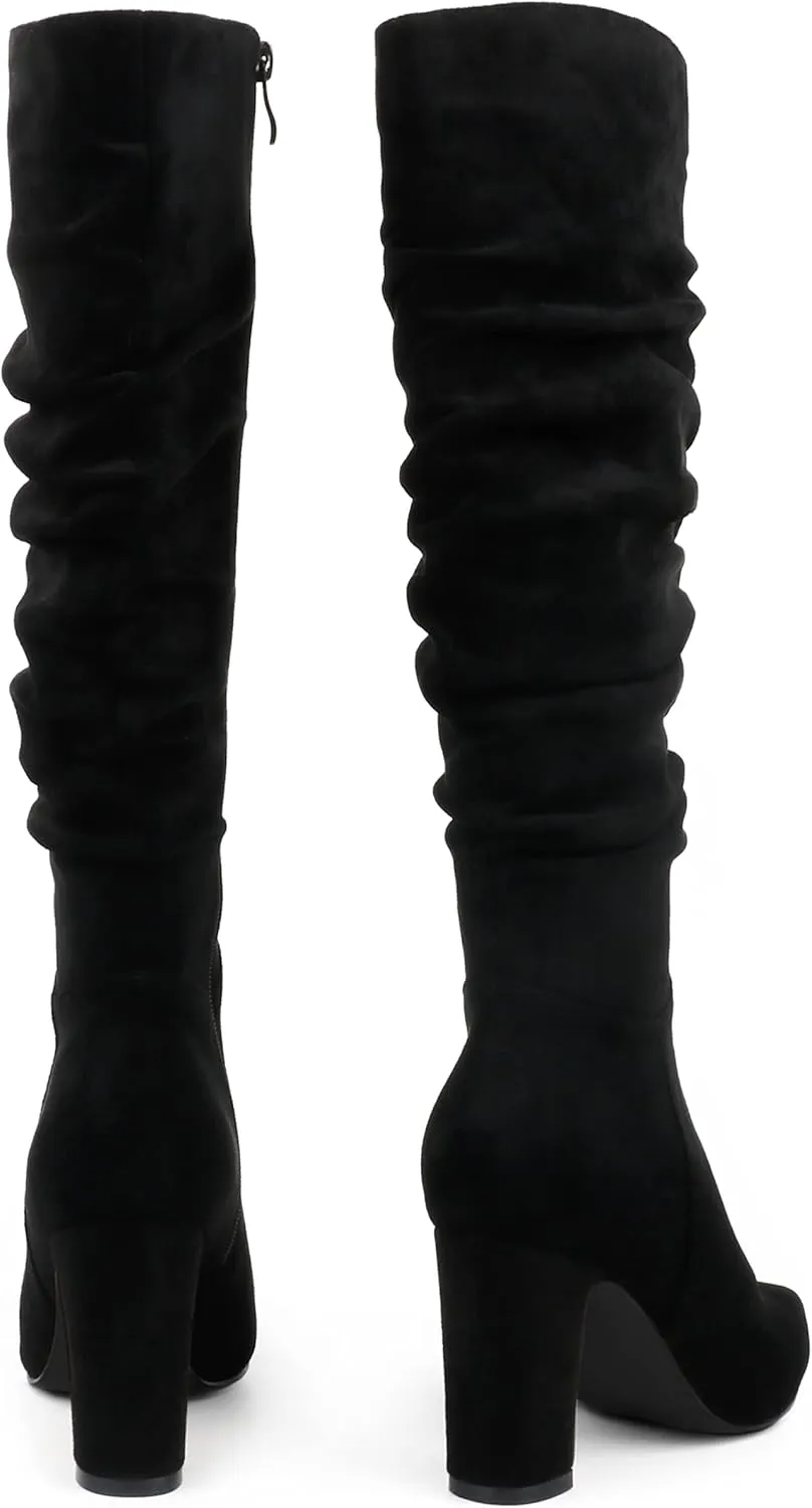 JOY IN LOVE Women's High Block Heel Wrinkled Slouchy Zipper Knee High Boots