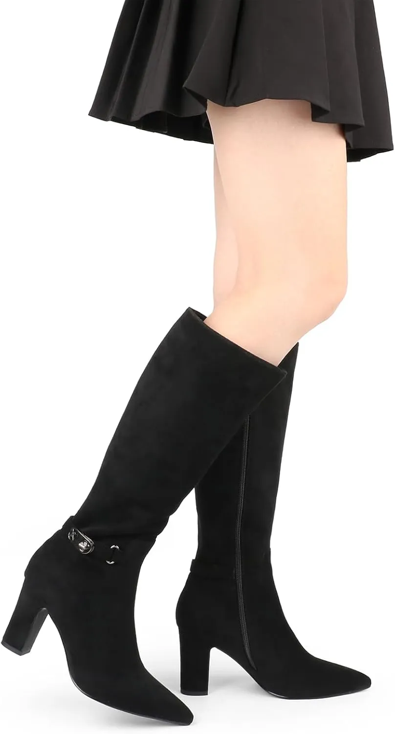 JOY IN LOVE Women's High Block Heel Wrinkled Slouchy Zipper Knee High Boots