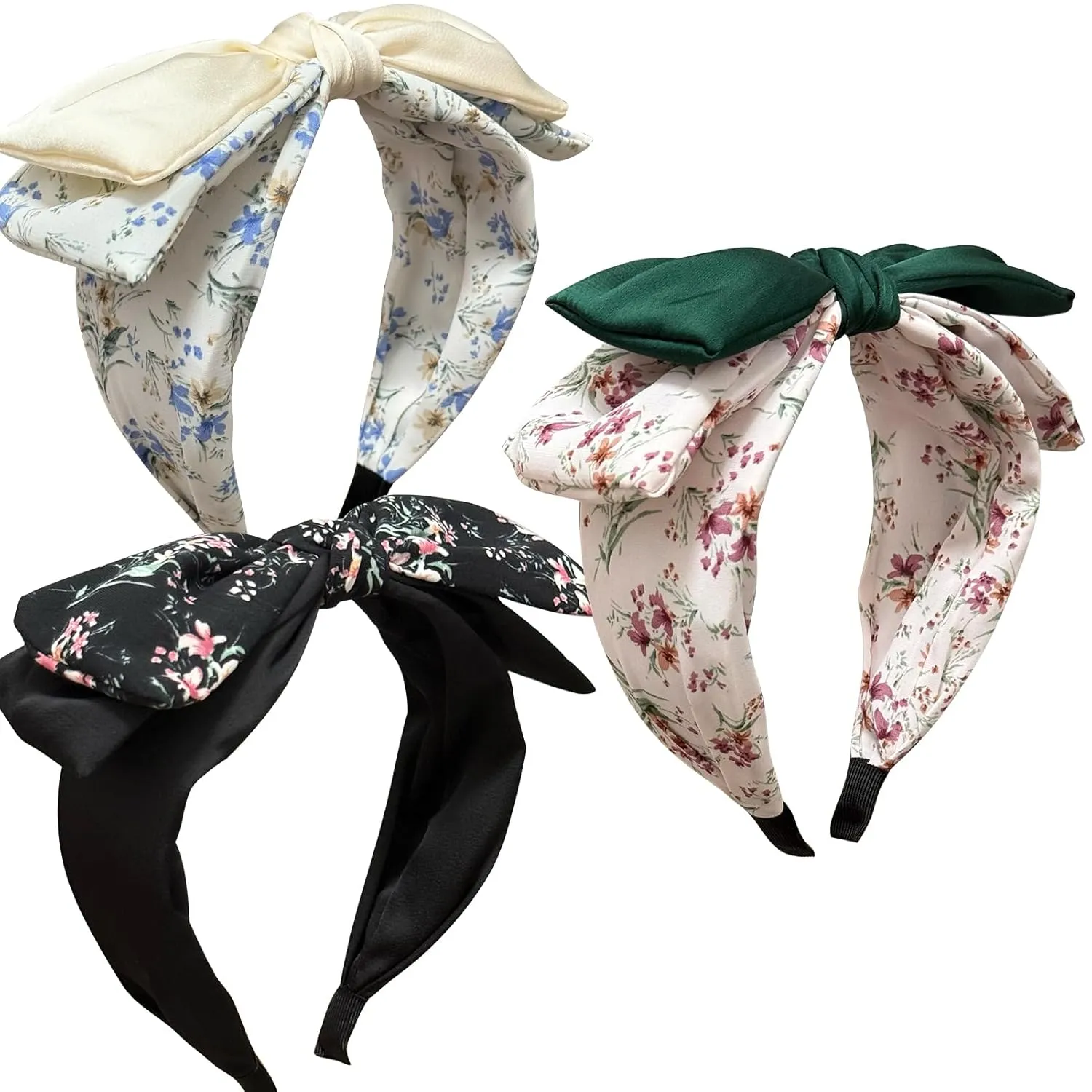Jseng 3Packs Knotted Headbands for Women, Bow Headbands, Floral Bandana, Cute Rabbit Ear Hairbands Beige, Pink, Black