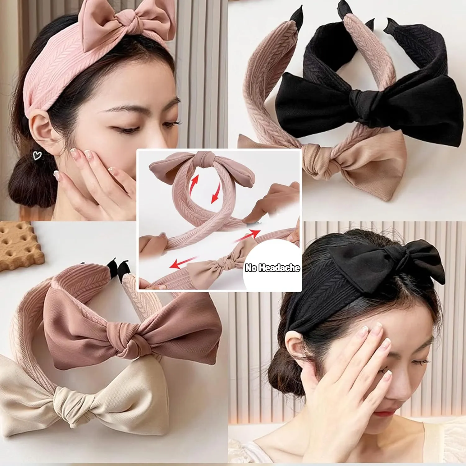 Jseng 4Packs Knotted Headbands for Women, Bow Headbands, Floral Bandana, Cute Rabbit Ear Hairbands Khaki, Camel, Pink, Black
