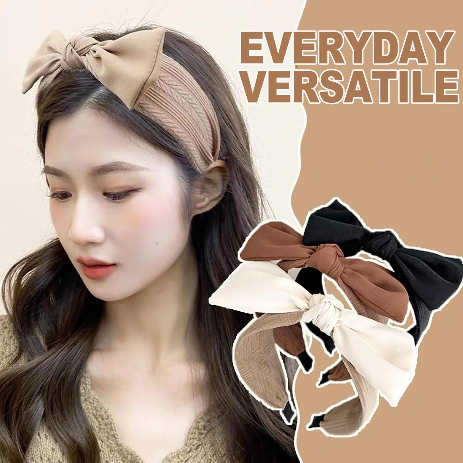 Jseng 4Packs Knotted Headbands for Women, Bow Headbands, Floral Bandana, Cute Rabbit Ear Hairbands Khaki, Camel, Pink, Black