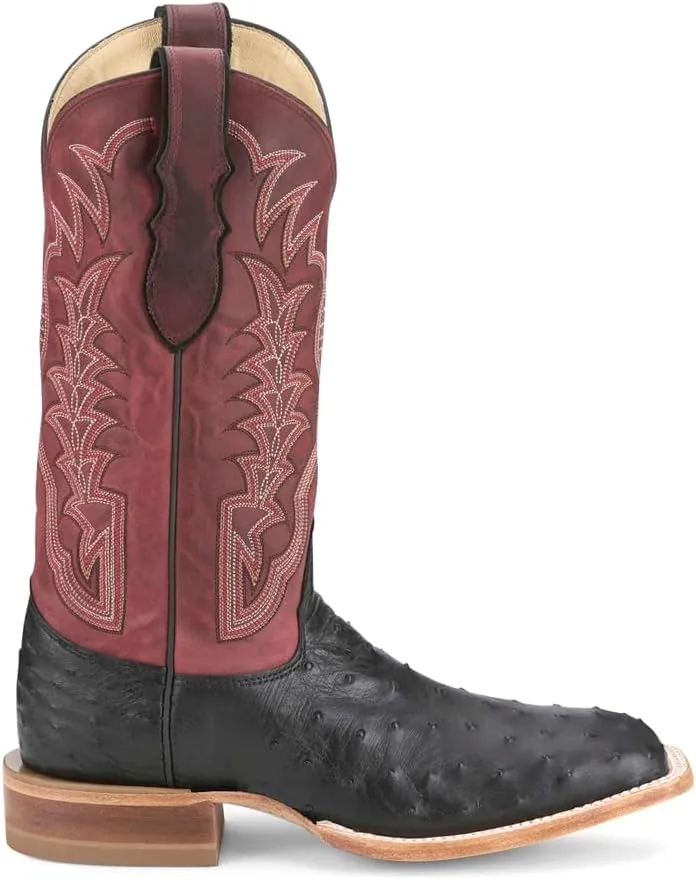 Justin Boots Mens Chisolm Full Quill Ostrich Embroidered Square Toe Pull On Dress Boots Mid Calf - Black, Red - Size 9.5 EE