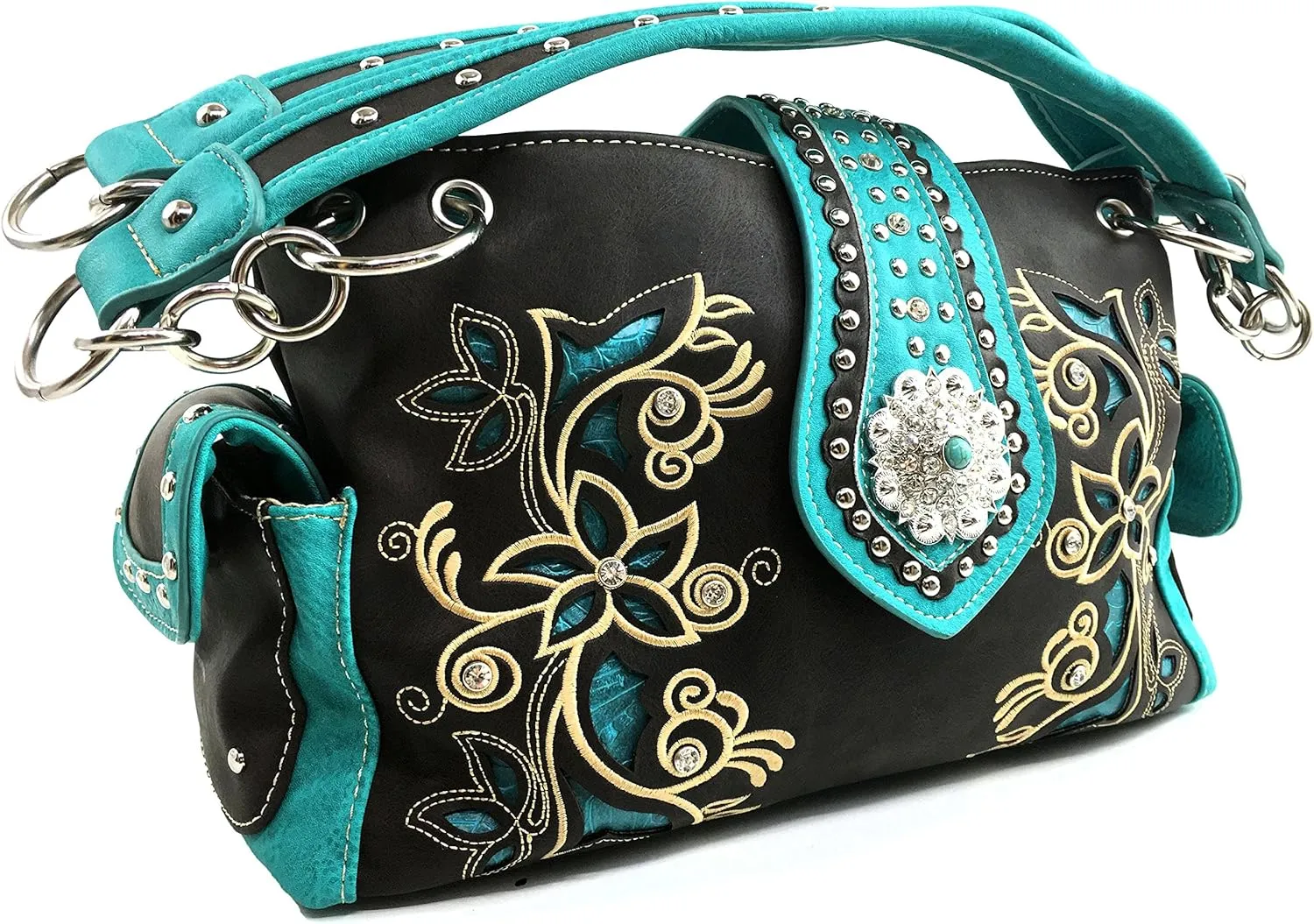 Justin West Floral Concho Tooled Leather Western Concealed Carry Handbag Purse