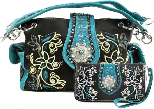 Justin West Floral Concho Tooled Leather Western Concealed Carry Handbag Purse