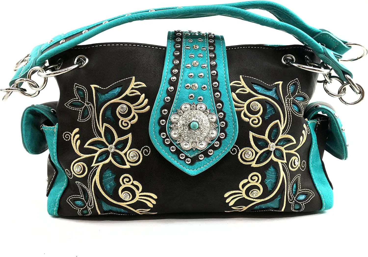 Justin West Floral Concho Tooled Leather Western Concealed Carry Handbag Purse