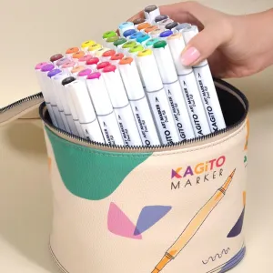 Kagito 48-Piece Twin Marker Set - 48 Colors Dual Tip Brush and Chisel Alcohol Marker Pens for Adult Artists, Illustrations, Designers, Drawings, Anime-Manga, Artificial Leather Zipped Bag