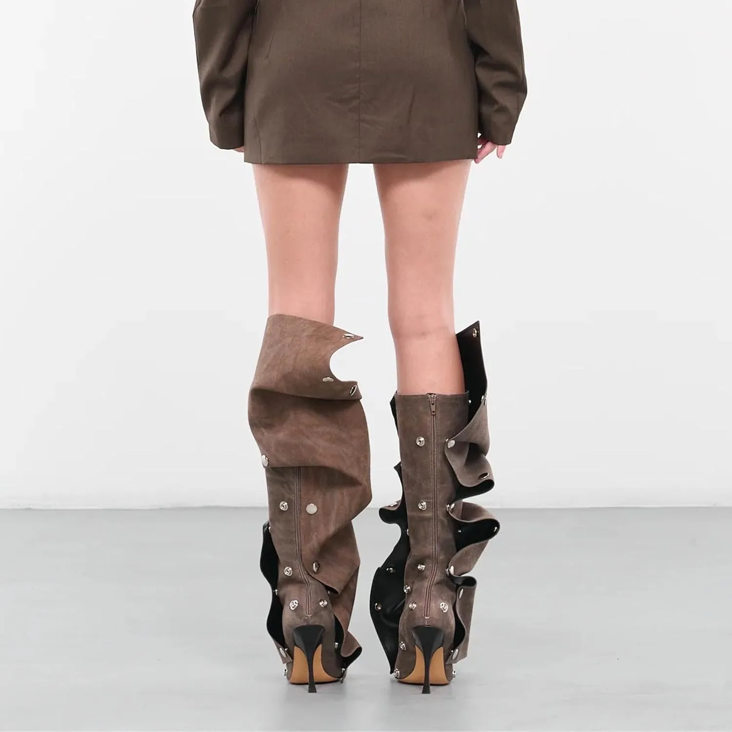 KaroNairy Women Stiletto Knee High Boots Slouch Pointed Toe High Heel Boot Detachable Snap-off Panel Shark Boots
