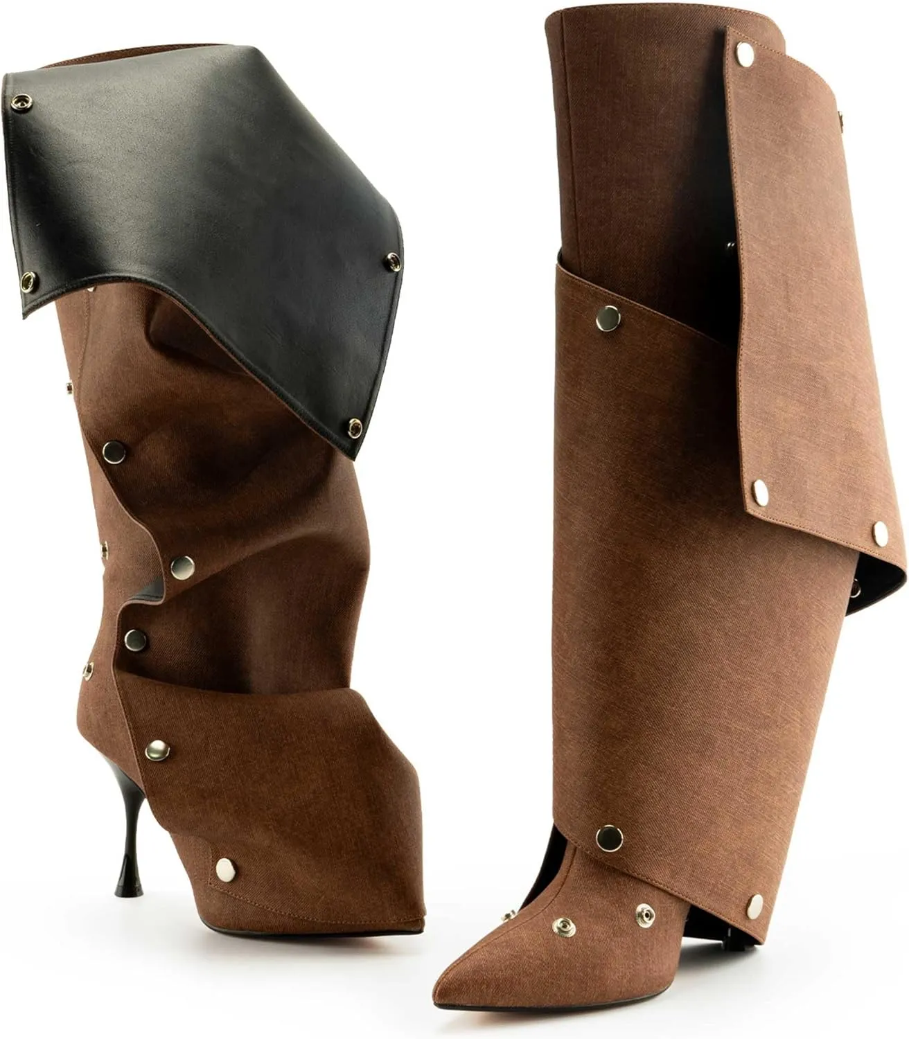 KaroNairy Women Stiletto Knee High Boots Slouch Pointed Toe High Heel Boot Detachable Snap-off Panel Shark Boots