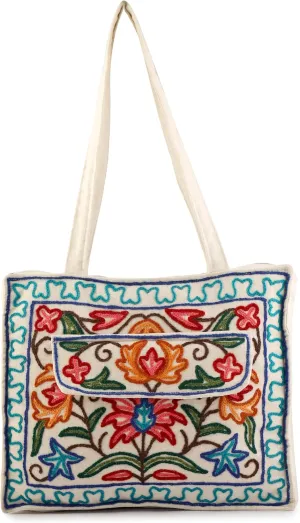 Kashmiri Hand Embroidered Pure Cotton Tote Handbag For Women, Boho Ethnic Shoulder Bag Floral Aari Embroidered Bag, Hobo Crossbody Purse, Handmade Chain Stitch Embroidered, Gift Bag For Women, White
