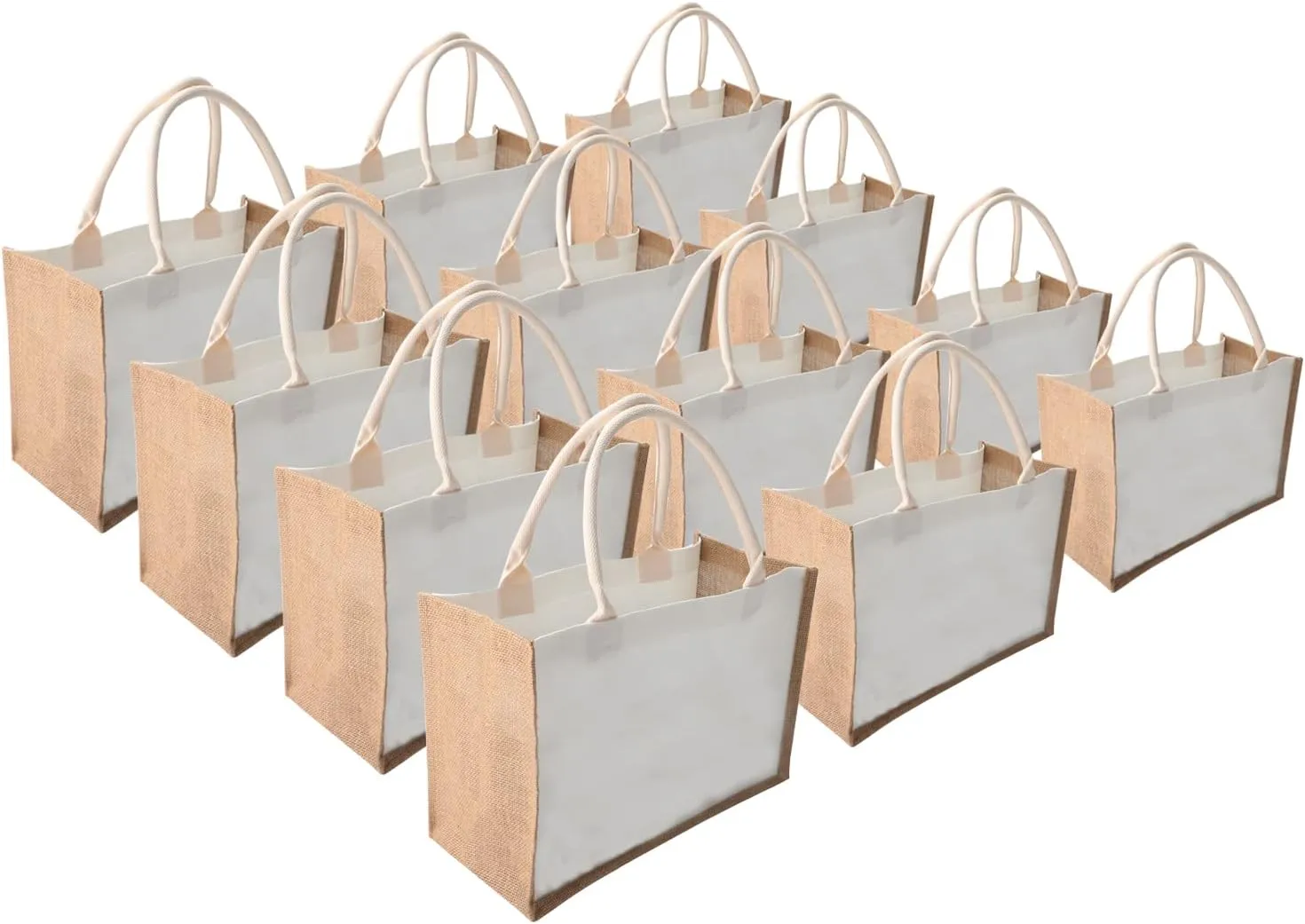 kaxilu Jute Burlap White Tote Bag 12pcs 14.5 * 10.7 * 6.5 Canvas front bag, Convenient decoration, retro tote Bag, country chic wedding, Shopping, travel, Arts and Crafts DIY Bag