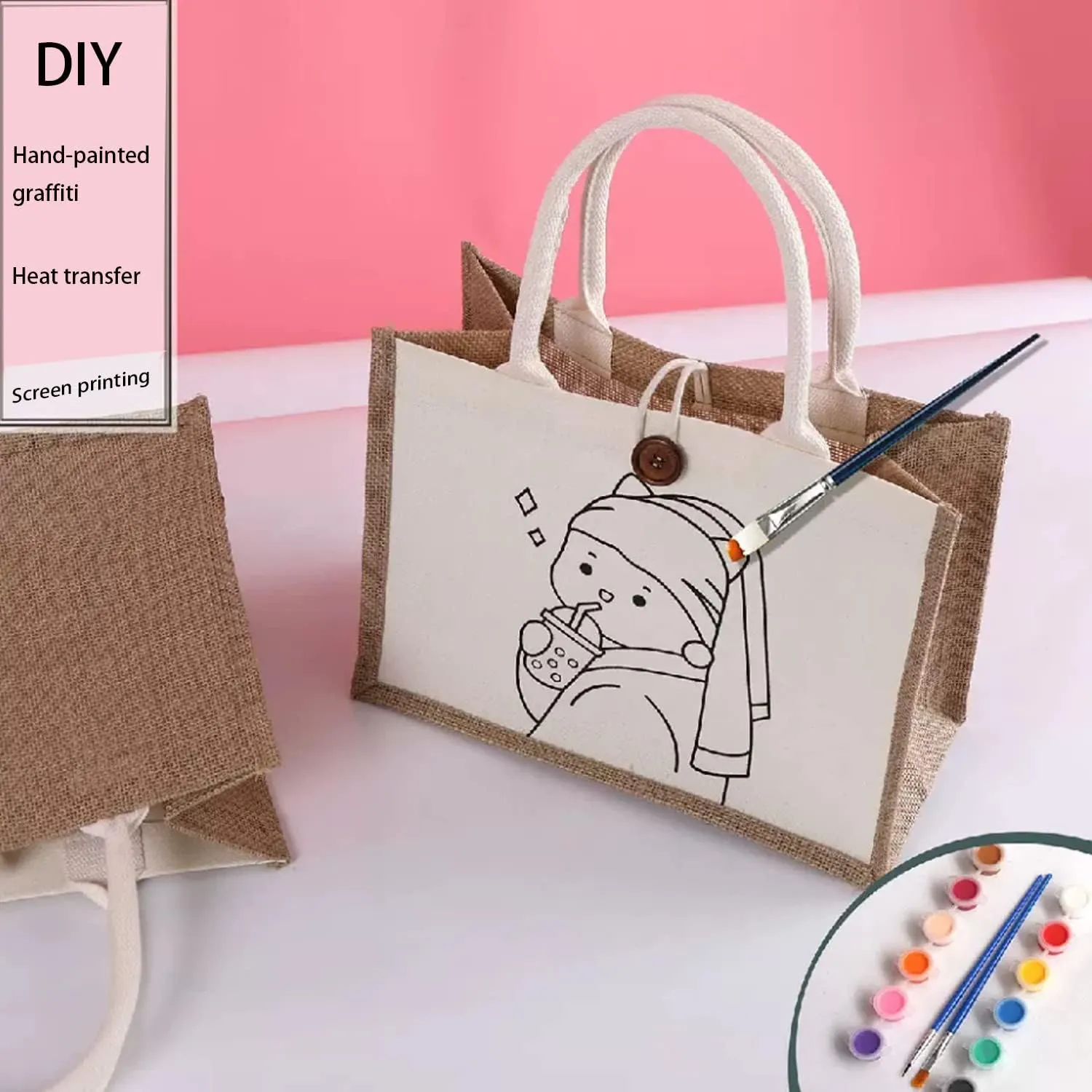 kaxilu Jute Burlap White Tote Bag 12pcs 14.5 * 10.7 * 6.5 Canvas front bag, Convenient decoration, retro tote Bag, country chic wedding, Shopping, travel, Arts and Crafts DIY Bag