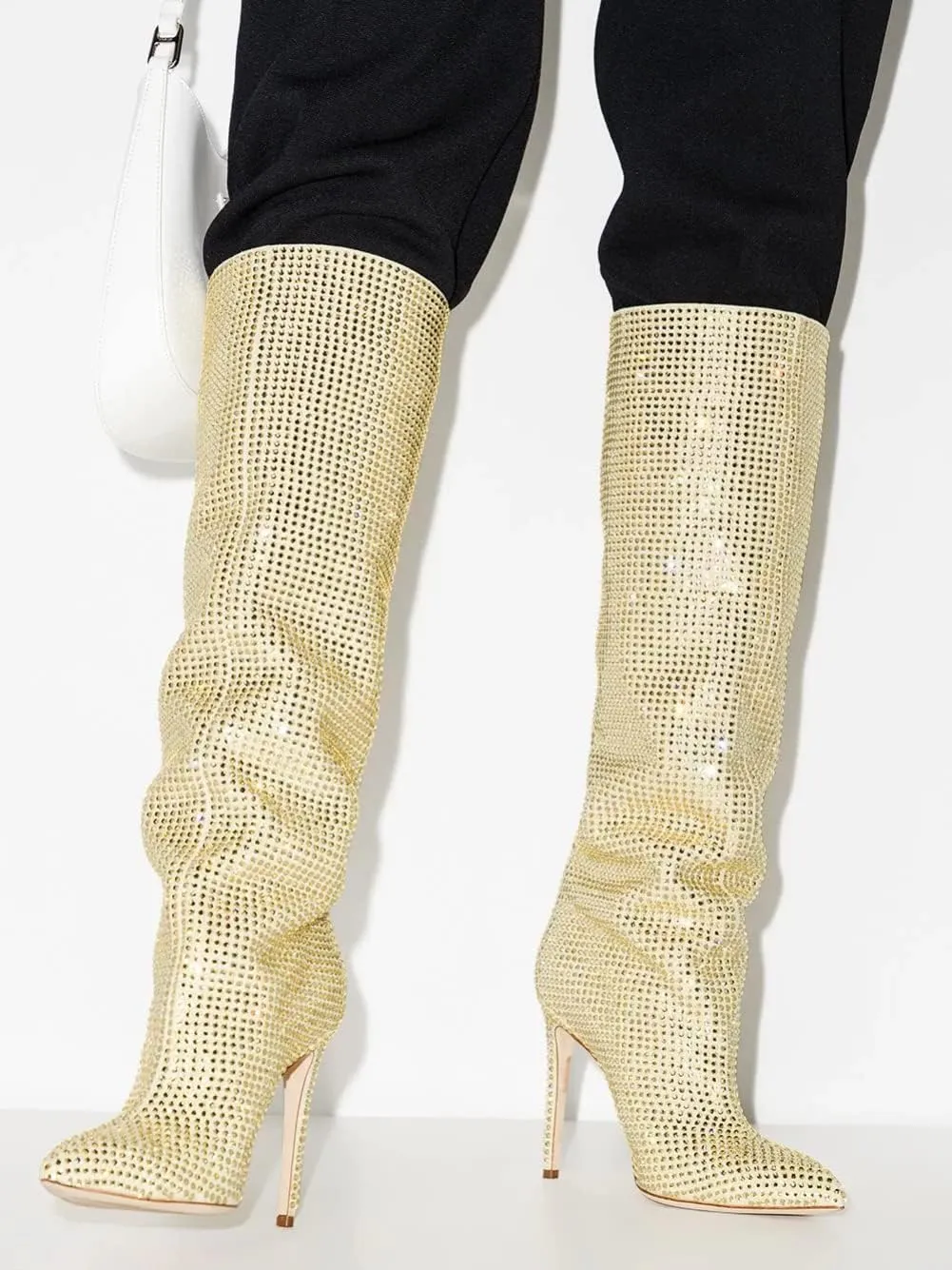 keleimusi Womens Crystal Embellished Knee High Boots Slouchy Shimmering textile Stiletto High Heeled Party Tall Boots