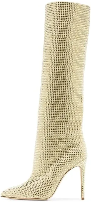 keleimusi Womens Crystal Embellished Knee High Boots Slouchy Shimmering textile Stiletto High Heeled Party Tall Boots