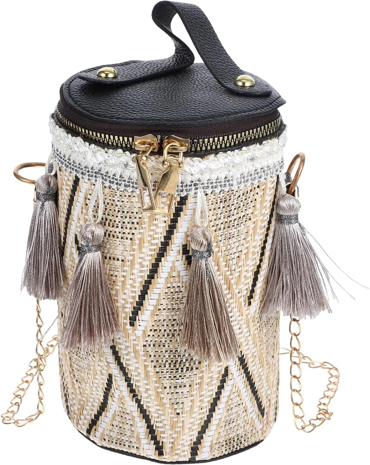 KESYOO Fashion Woven Bucket Bag with Tassels Crossbody Shoulder Bag for Women and Casual Black Handbag for Daily Use