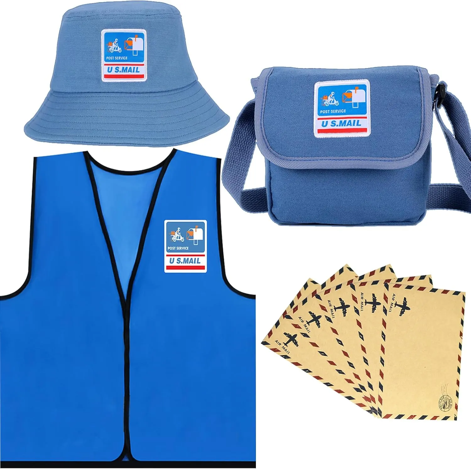 Kids Premium Mailman Costume Kit Bucket Cap Postman Bag Vest Envelope(4 in 1) Career Day Occupational Postman Dress Up for 5-12 Years Old