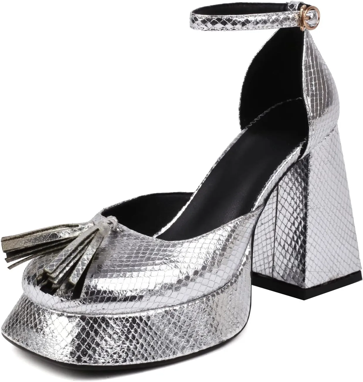 Kirliner Platform Heels for Women Metallic Chunky Block Heels with Tassels Ankle Strap Square Close Toe Pumps Dress Wedding Shoes