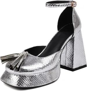 Kirliner Platform Heels for Women Metallic Chunky Block Heels with Tassels Ankle Strap Square Close Toe Pumps Dress Wedding Shoes