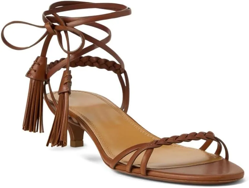 Kitten Heel Sandals For Women Ankle Strap Low Heels with Brown Fringe Woven Strap Summer Casual Comfortable Shoes