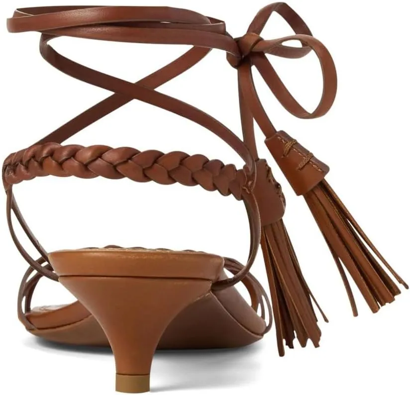 Kitten Heel Sandals For Women Ankle Strap Low Heels with Brown Fringe Woven Strap Summer Casual Comfortable Shoes