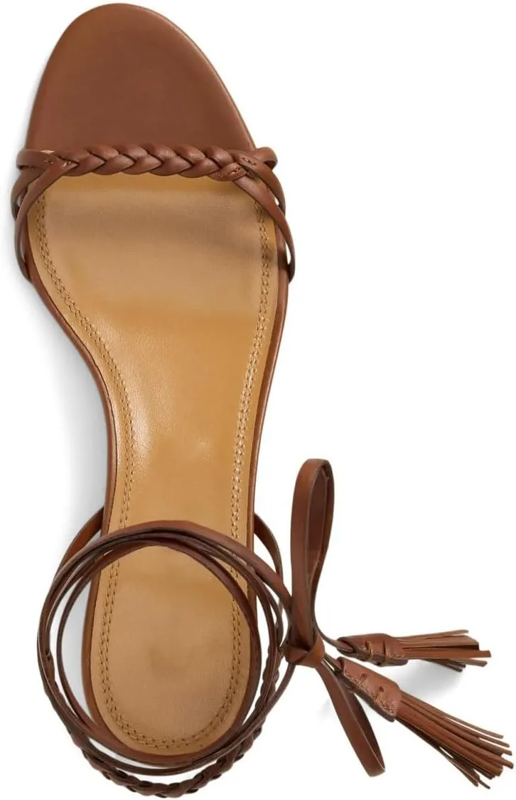 Kitten Heel Sandals For Women Ankle Strap Low Heels with Brown Fringe Woven Strap Summer Casual Comfortable Shoes