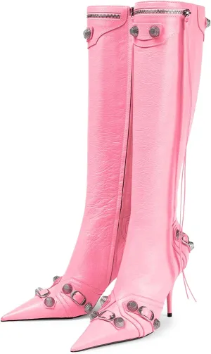Kluolandi Women's Stiletto High Heel Knee High Boots with Tassel Pointy Toe Studded Zipper Booties Dress Shoes
