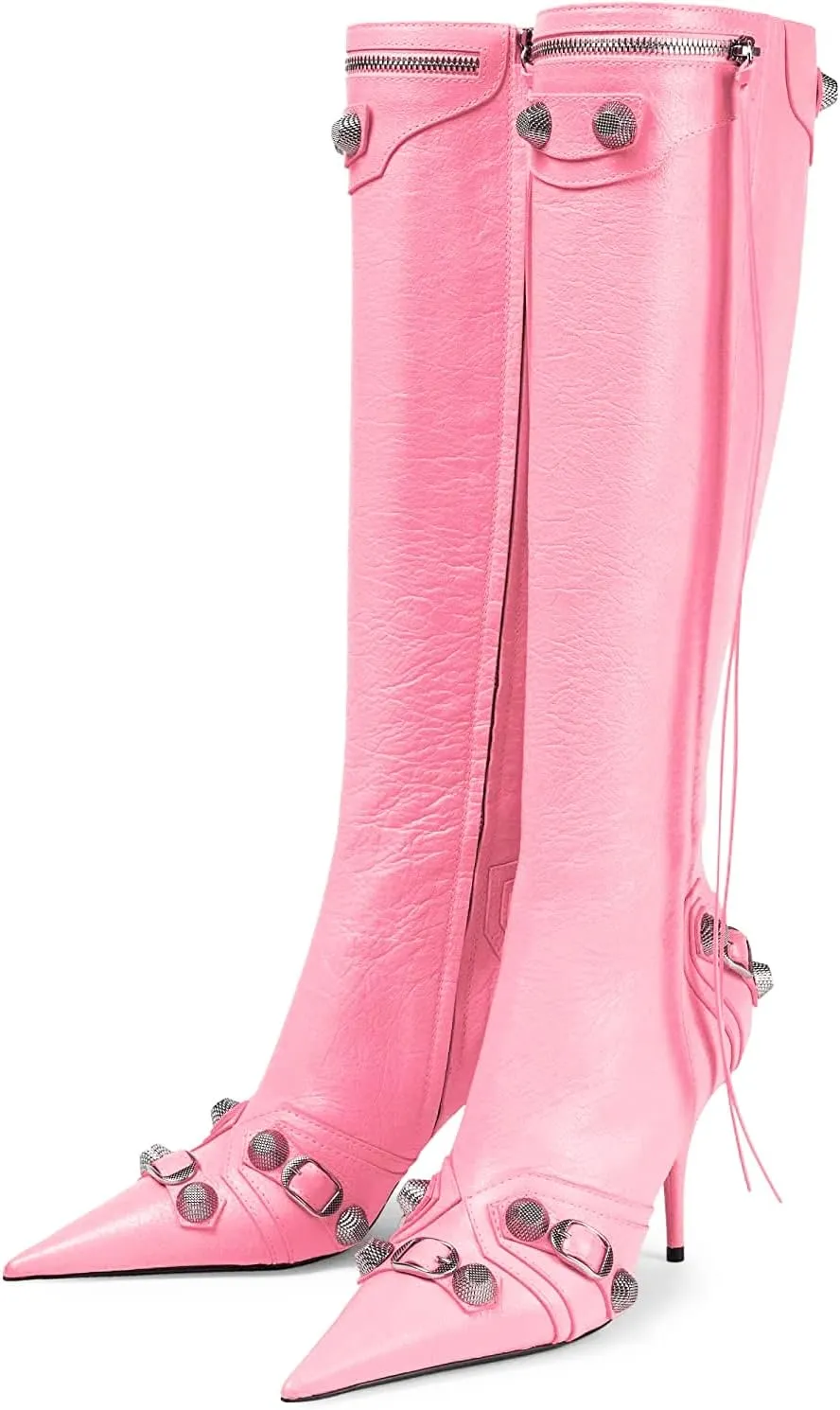 Kluolandi Women's Stiletto High Heel Knee High Boots with Tassel Pointy Toe Studded Zipper Booties Dress Shoes