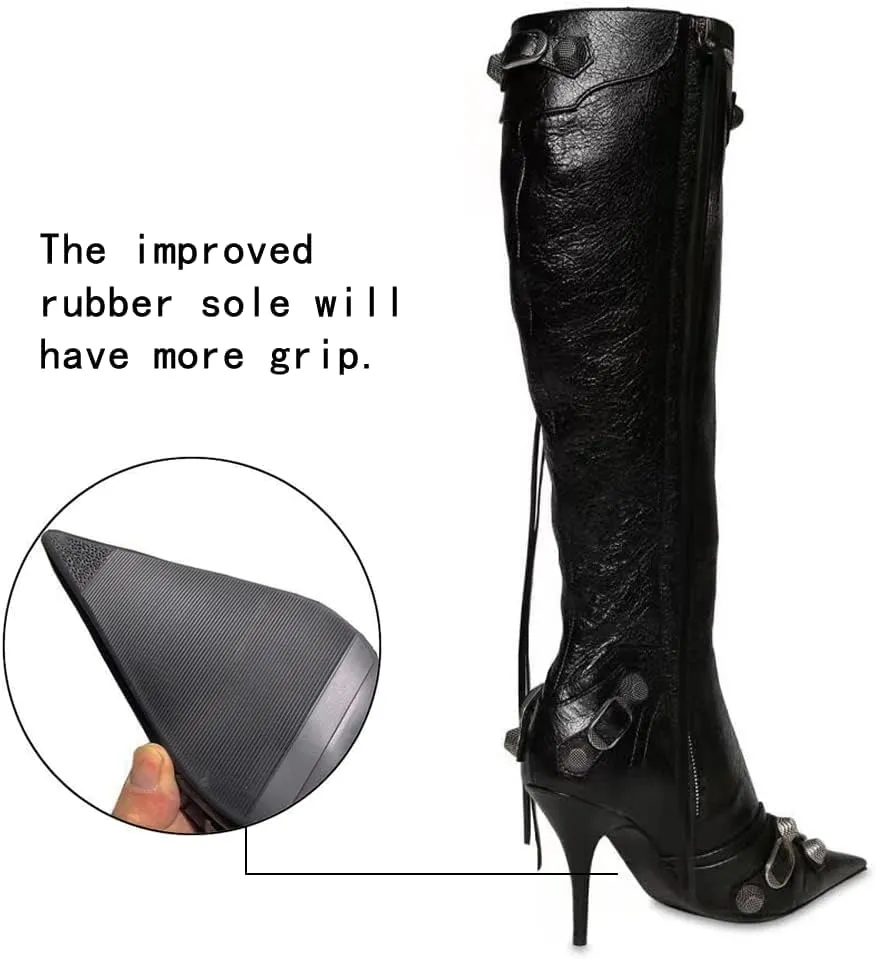 Kluolandi Women's Stiletto High Heel Knee High Boots with Tassel Pointy Toe Studded Zipper Booties Dress Shoes