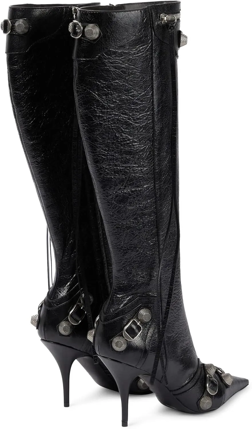 Kluolandi Women's Stiletto High Heel Knee High Boots with Tassel Pointy Toe Studded Zipper Booties Dress Shoes