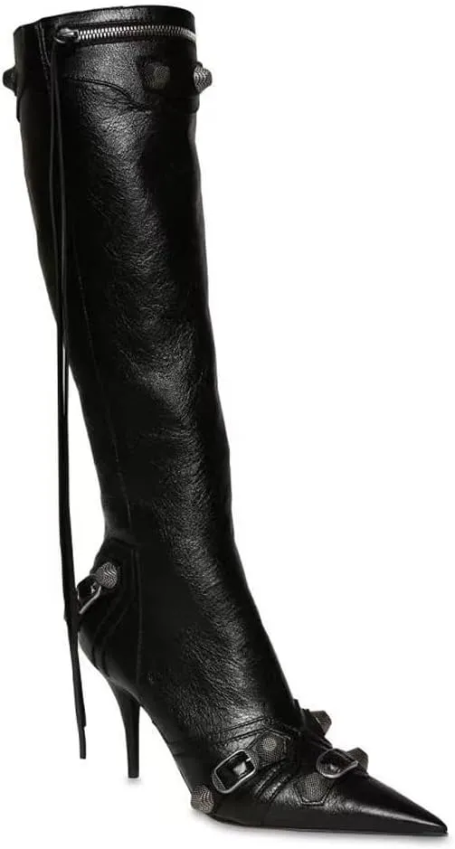 Kluolandi Women's Stiletto High Heel Knee High Boots with Tassel Pointy Toe Studded Zipper Booties Dress Shoes