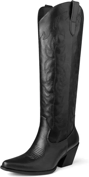 Knee High Wide Calf Cowgirl Boots Women Western Cowboy Boots Pointed Toe Embroidered Boots With Side Half Zip For Lady Boots Size 7-10