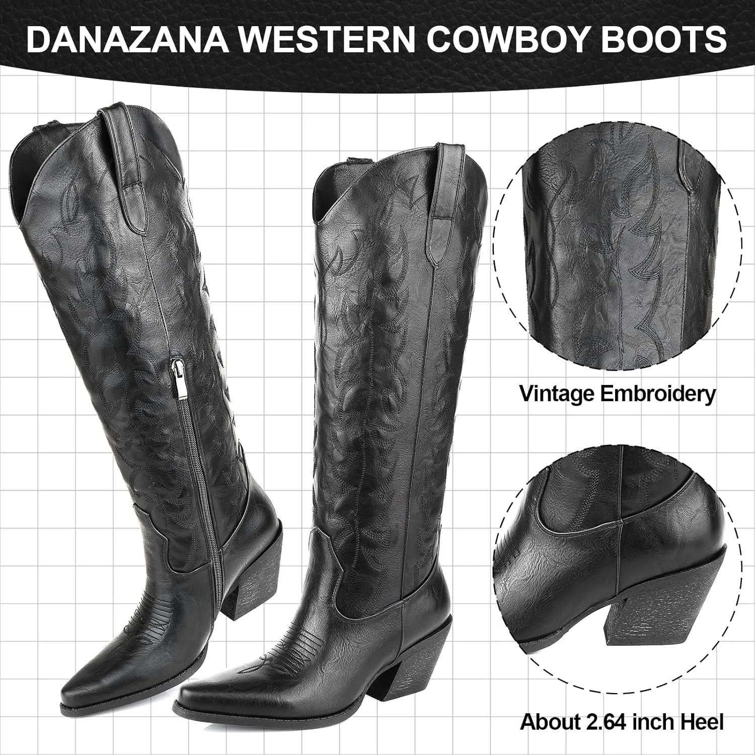 Knee High Wide Calf Cowgirl Boots Women Western Cowboy Boots Pointed Toe Embroidered Boots With Side Half Zip For Lady Boots Size 7-10
