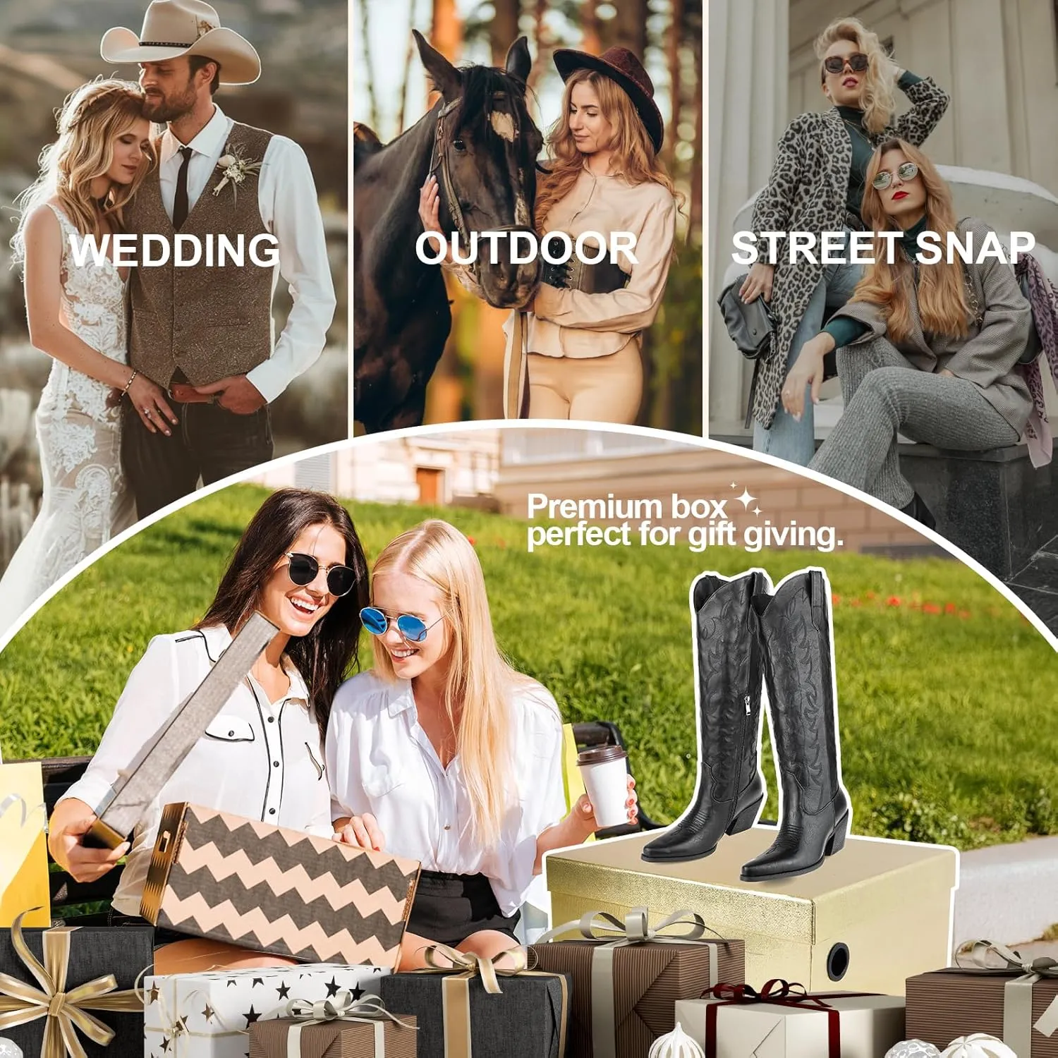 Knee High Wide Calf Cowgirl Boots Women Western Cowboy Boots Pointed Toe Embroidered Boots With Side Half Zip For Lady Boots Size 7-10