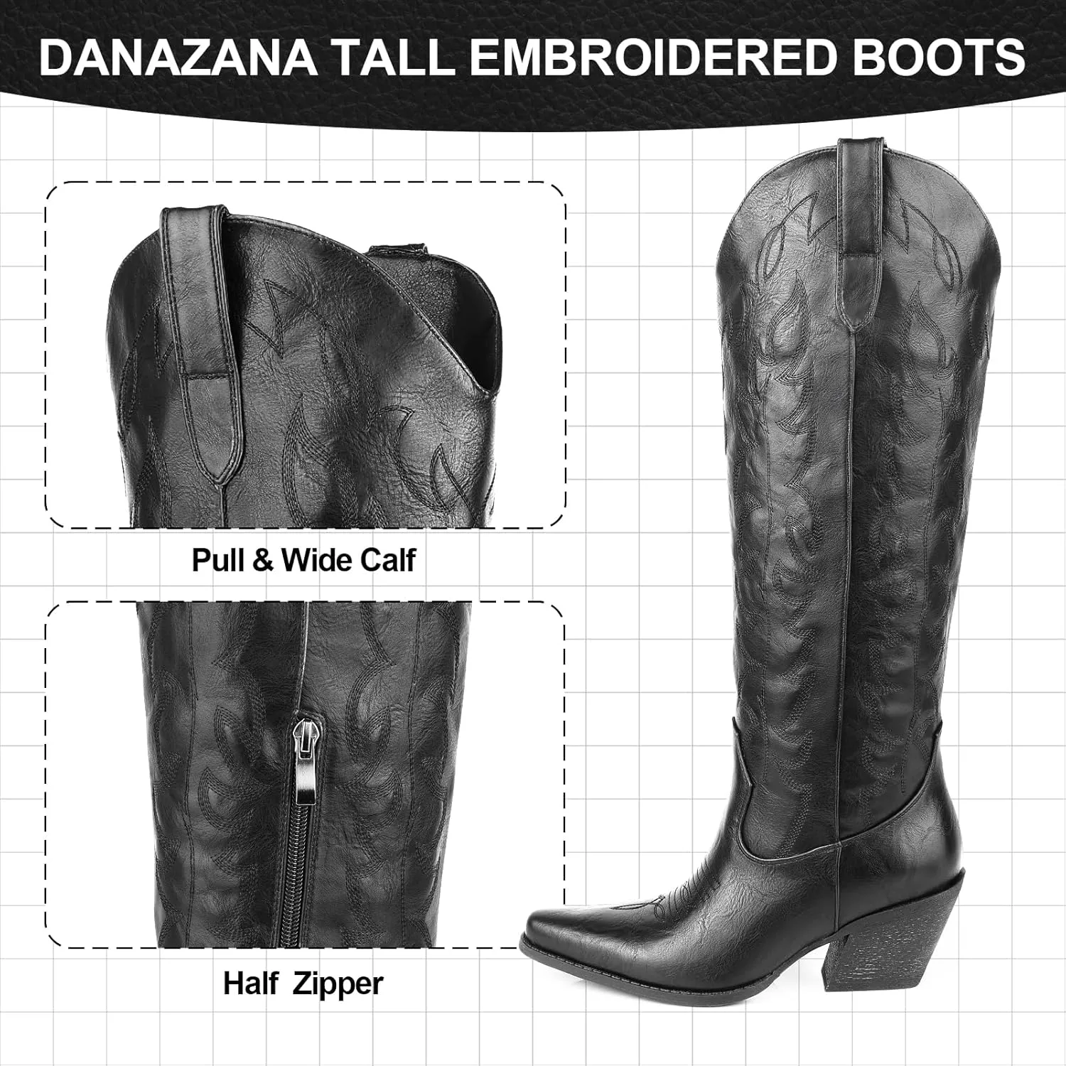 Knee High Wide Calf Cowgirl Boots Women Western Cowboy Boots Pointed Toe Embroidered Boots With Side Half Zip For Lady Boots Size 7-10