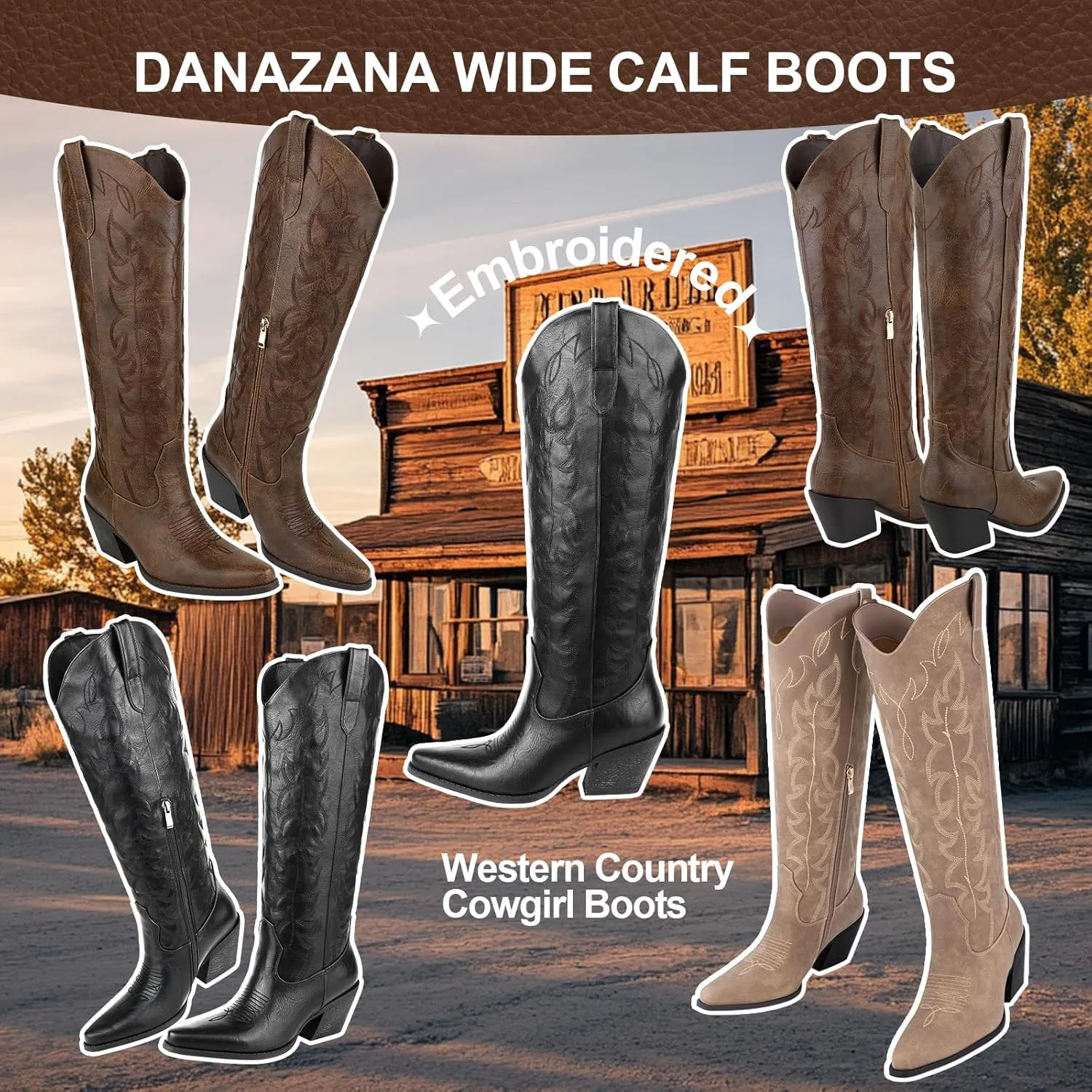 Knee High Wide Calf Cowgirl Boots Women Western Cowboy Boots Pointed Toe Embroidered Boots With Side Half Zip For Lady Boots Size 7-10