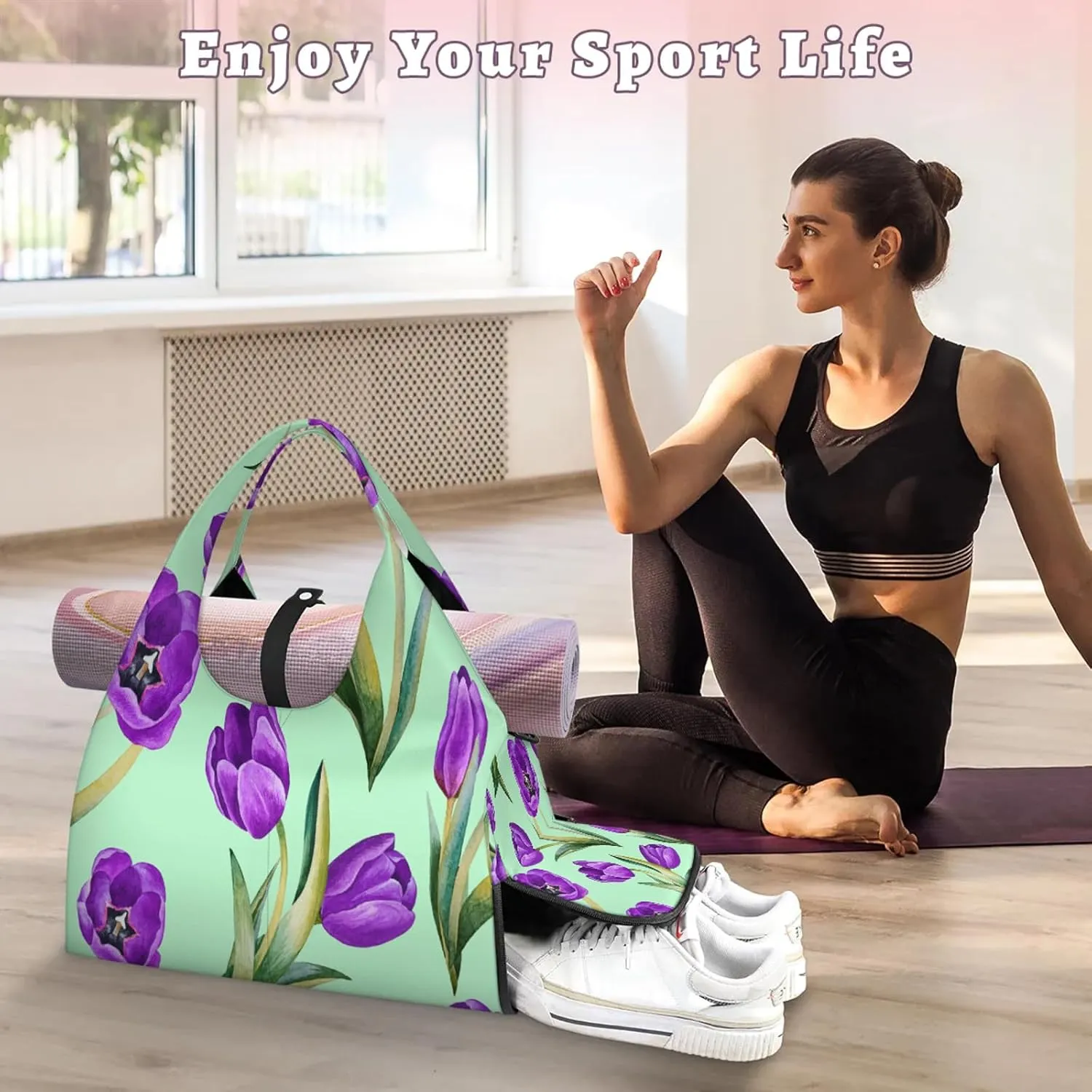 KOBLEN Yoga Gym Bags for Women Duffel Bag with Shoe Compartment and Yoga Mat Portable Weekender Bags for Pilates Travel Offices Workout Beach
