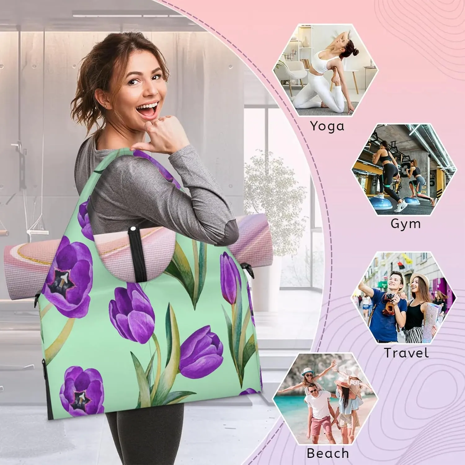 KOBLEN Yoga Gym Bags for Women Duffel Bag with Shoe Compartment and Yoga Mat Portable Weekender Bags for Pilates Travel Offices Workout Beach