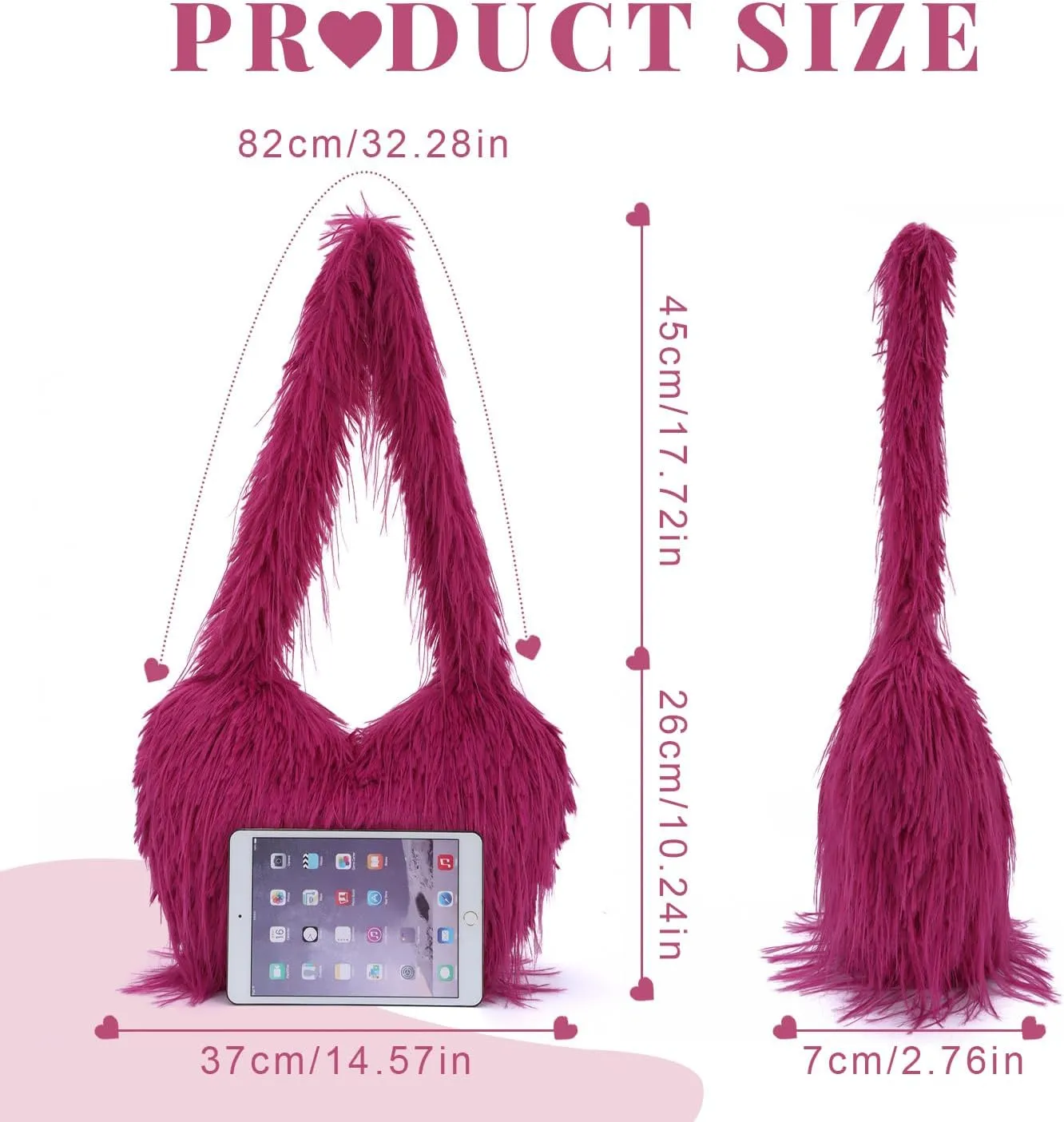 KUANG! Large Tote Bag for Women Faux fur Fuzzy Heart Shaped Purse Soft Shoulder Bag Fluffy Plush Trendy Girls Handbag